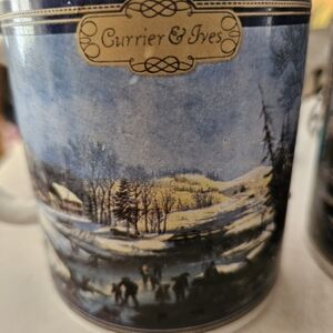Currier & Ives Winter Scene Mug Set Of 2, Painted Iceskating Forest Scene